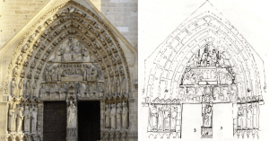 FIG. 8 : Portail occidental central de Notre Dame de Paris. Trumeau et son socle (1) : la Vierge à l'enfant (Geoffrey Dechaume : 1816-1892). Tympan et Linteau (2) : Couronnement de la Vierge (1210-1220)/ Portes : (3), Voussures (4). © SBG 