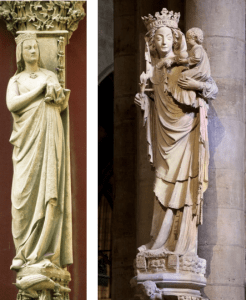 FIG 10. A gauche : Vierge à l'enfant (1240-1250) Trumeau du portail du bras nord du transept de Notre Dame de Paris. A droite : la "Vierge du Pilier" XIV° SC. 